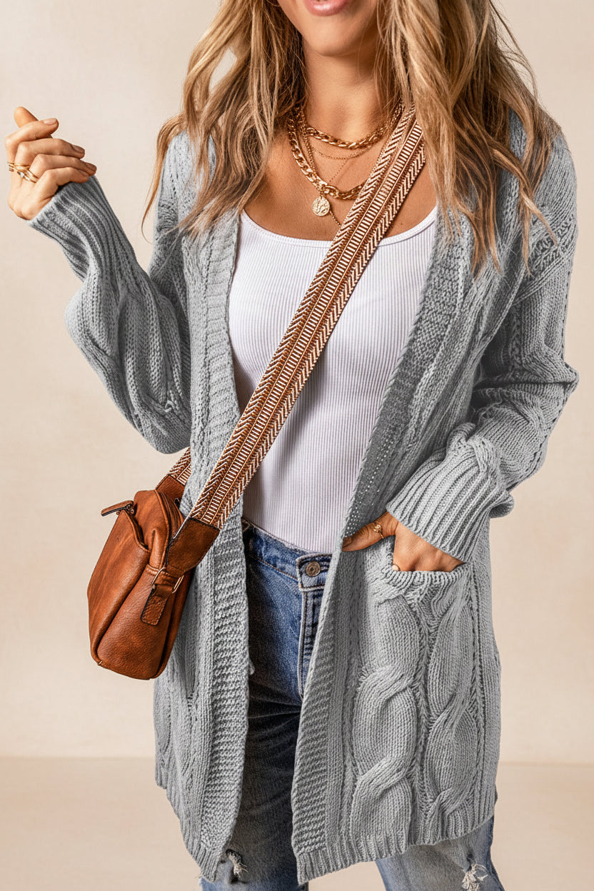 Ribbed Trim Eyelet Cable Knit Cardigan — View 14
