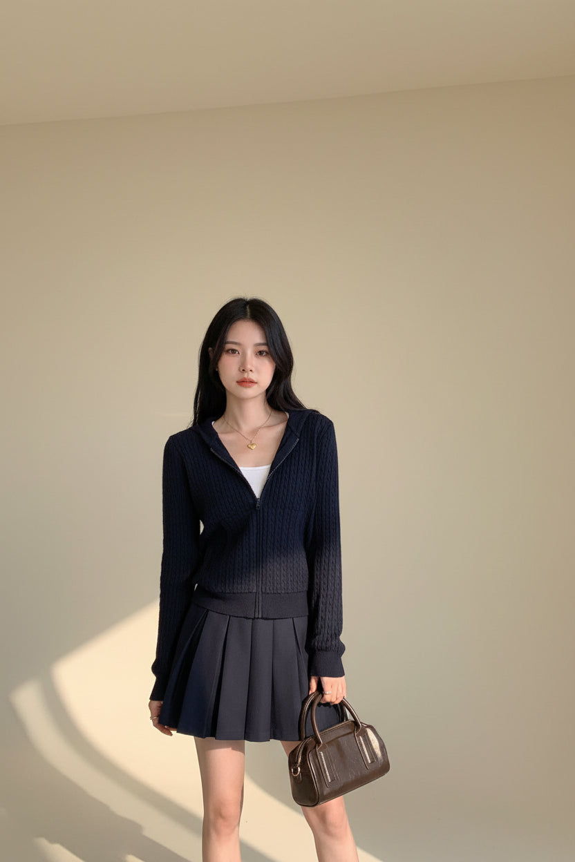 Cable Knit Hooded Zip Cardigan — Detail View 4