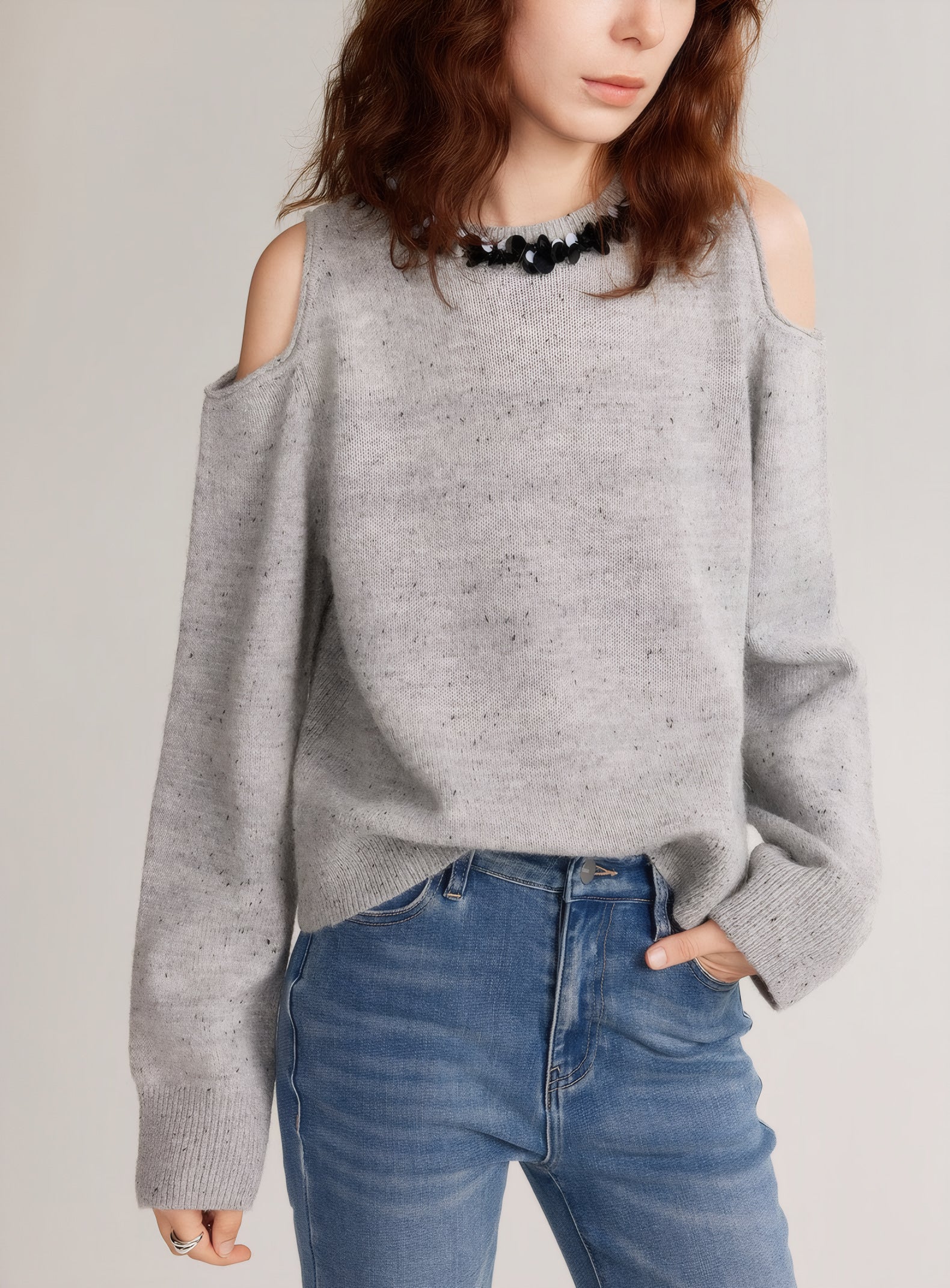 ELNOVÉ Aline Off-Shoulder Bouclé Sweater