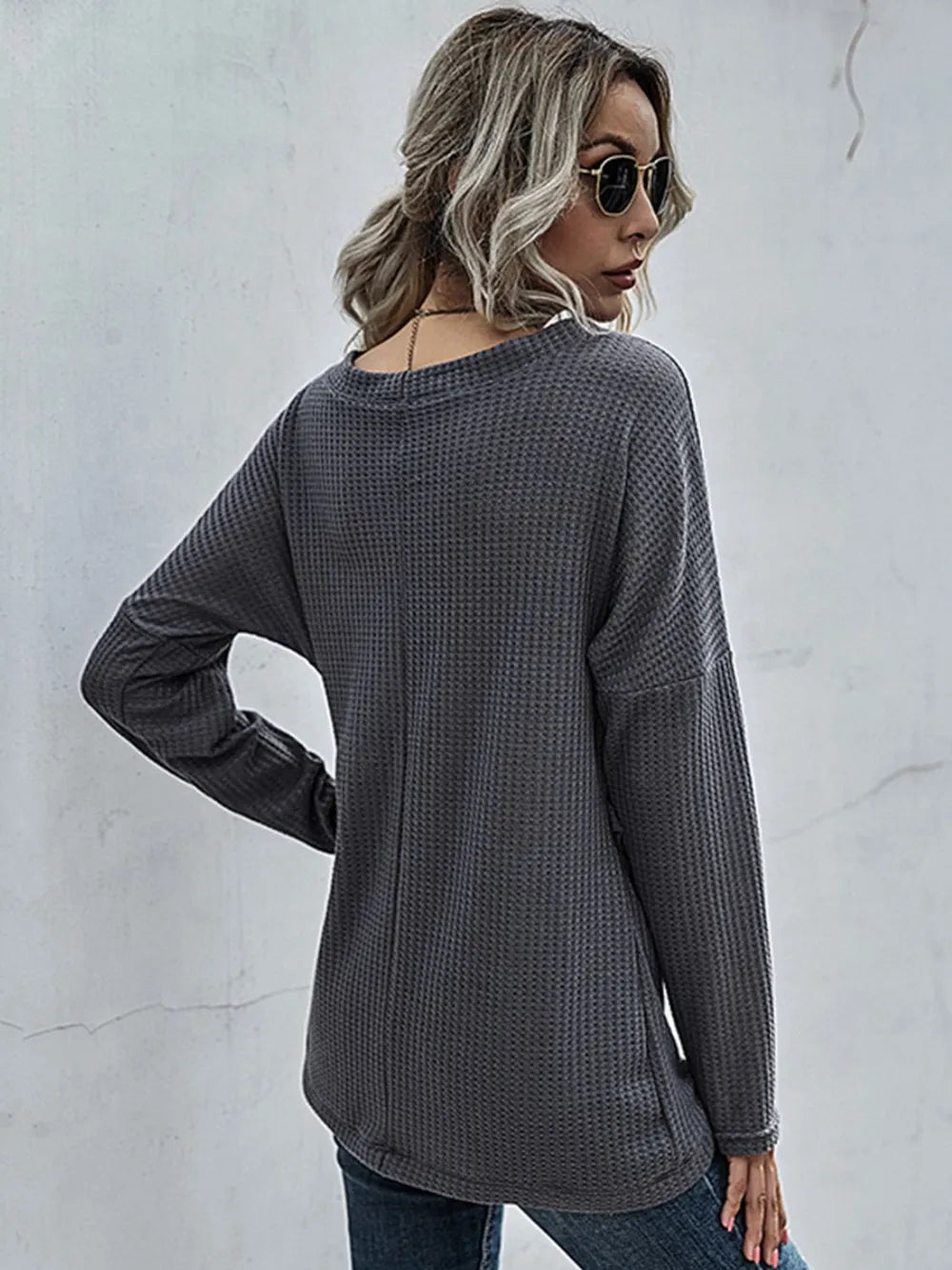 ELNOVÉ Giselle Waffle-Knit Surplice Long Sleeve Top
