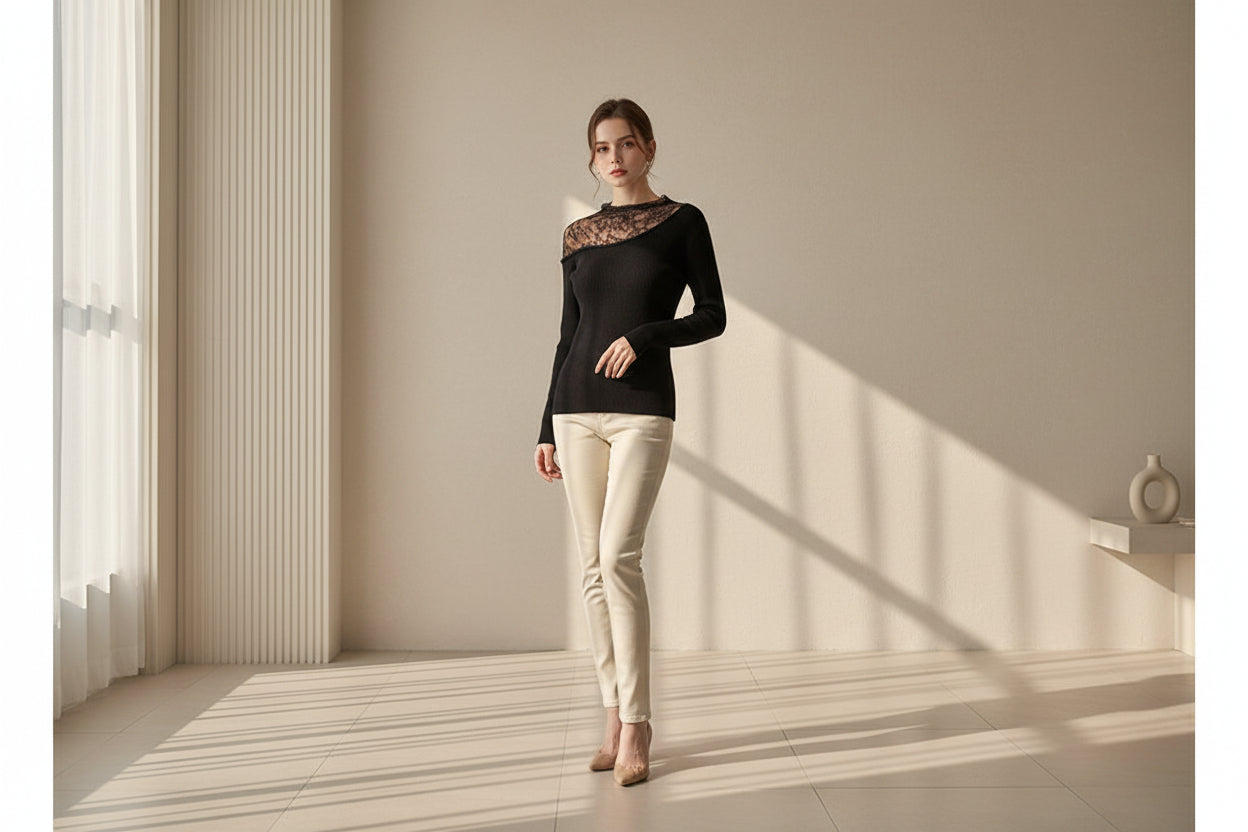 ELNOVÉ Lace Panel High Neck Knit Top