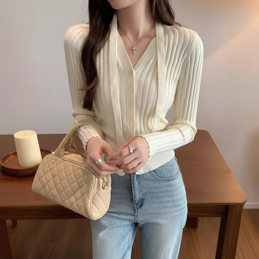 V-Neck Button Knit Top — Back View
