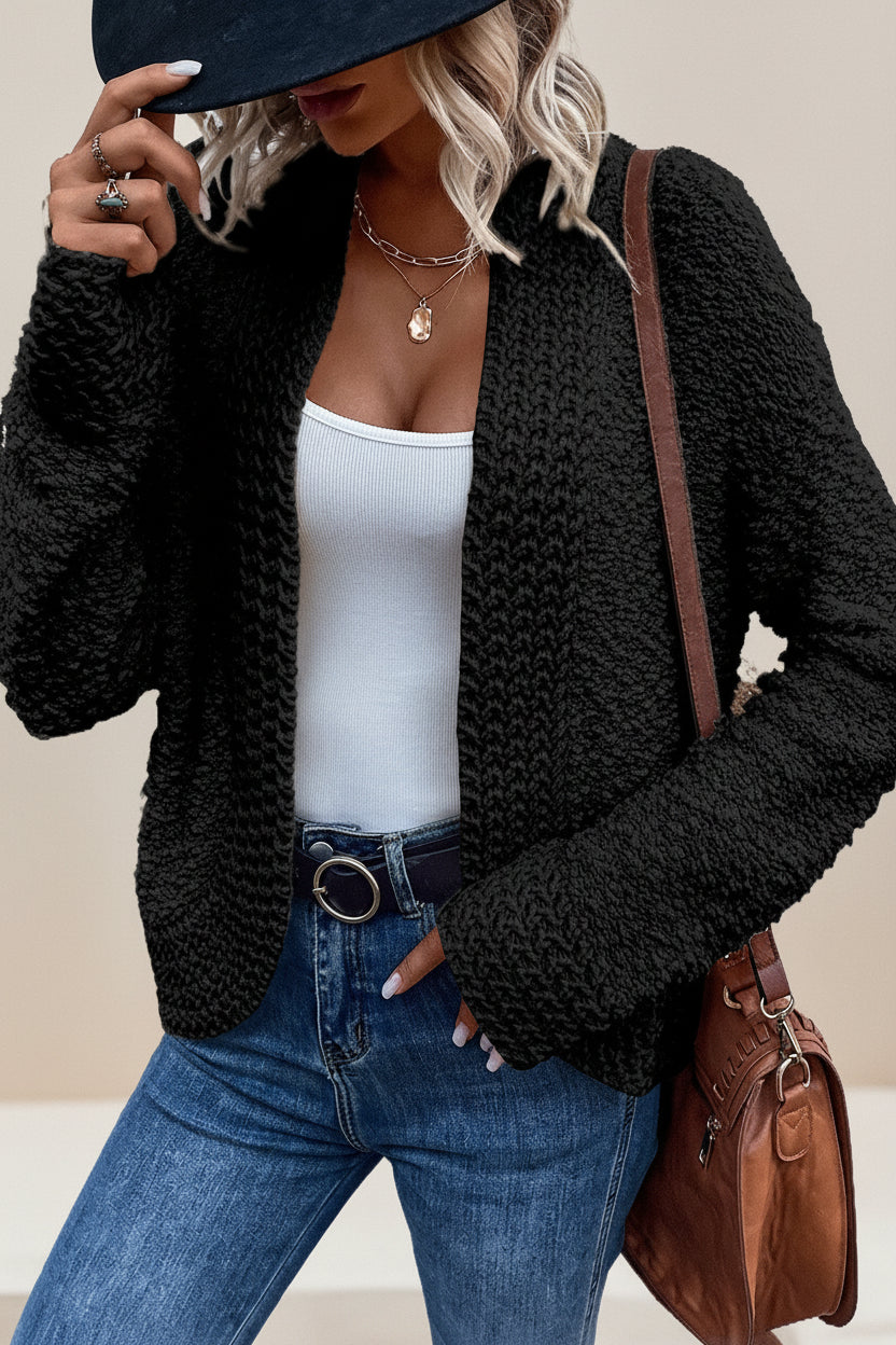 Red Popcorn Knit Open Front Cardigan — Detail View 12