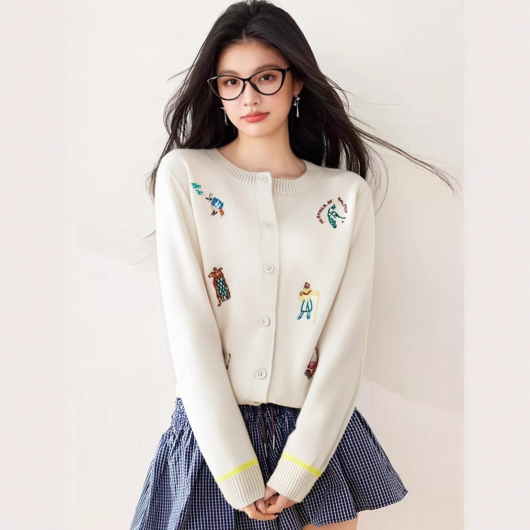 Embroidered Open-Front Knit Cardigan — Front View