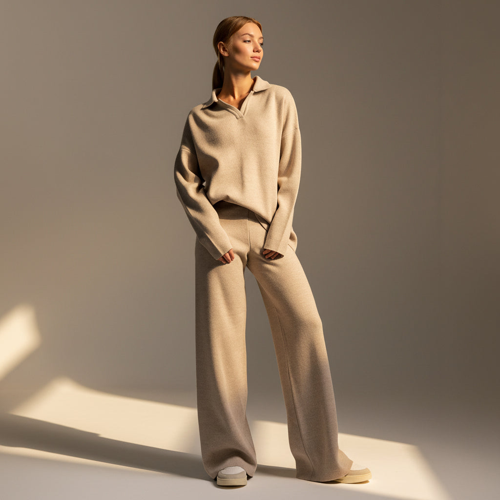High Neck Knit Sweater & Wide Leg Pants Set — Detail View 3