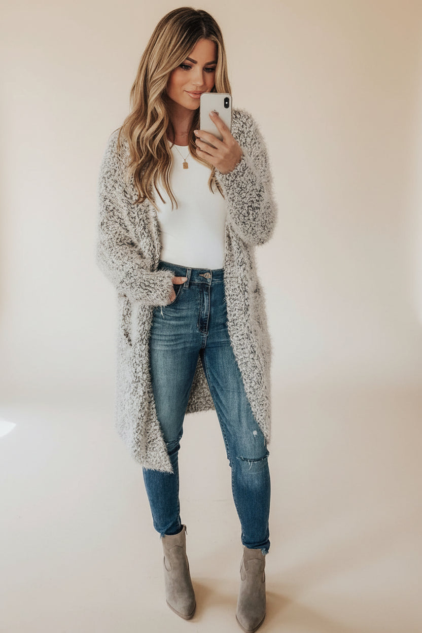 Gray Fuzzy Knit Cardigan with Pockets — Detail View 9