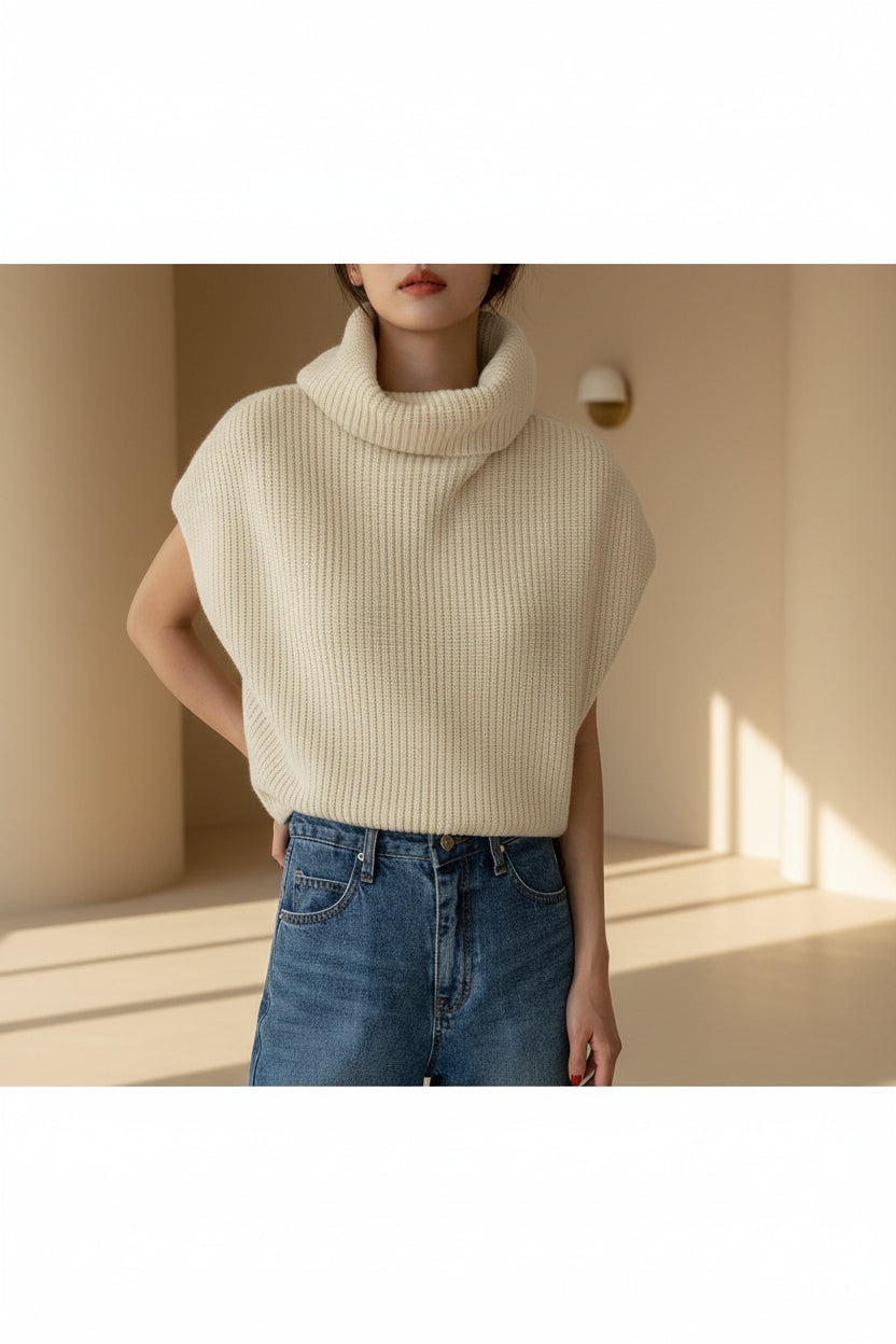 High Neck Ribbed Knit Vest — Front View