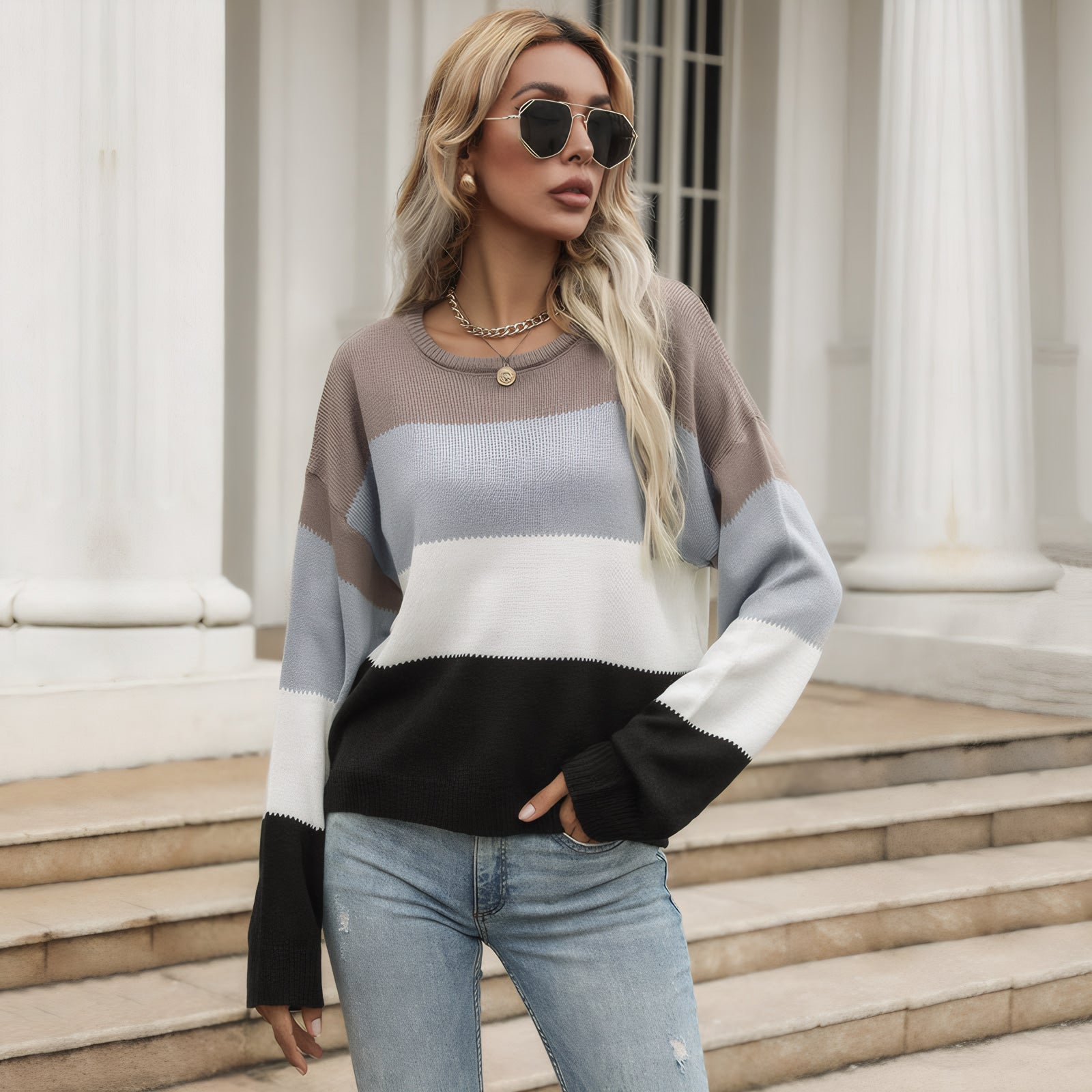 Farbblock-Strickpullover
