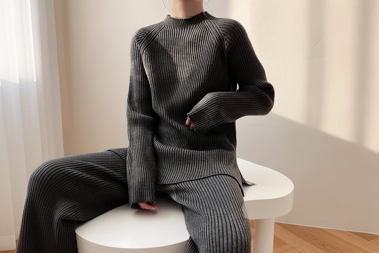 Slit Knit Sweater & Wide Leg Pants Set — Detail View 14