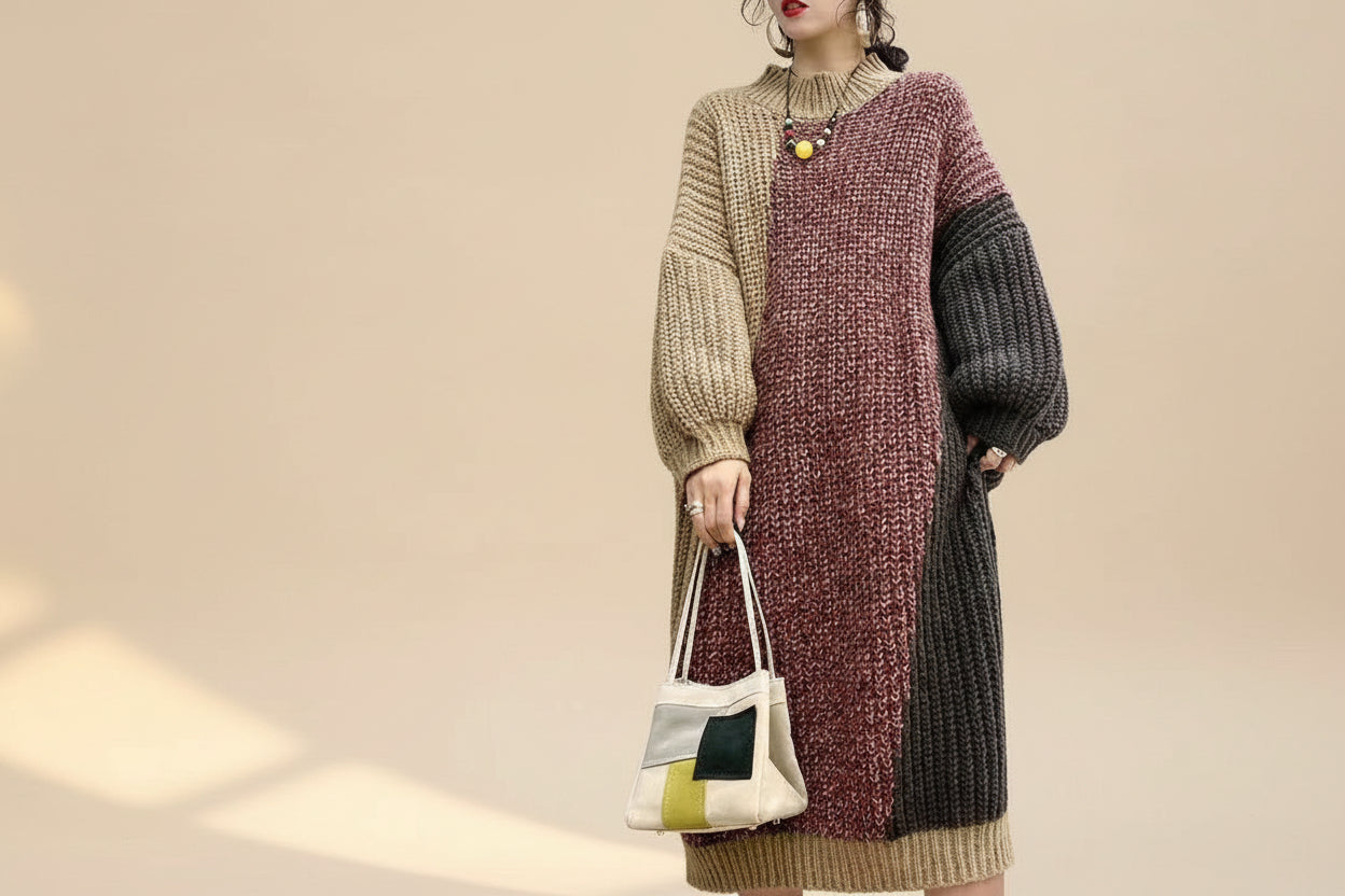 ELNOVÉ Striped Oversized Knit Sweater Dress