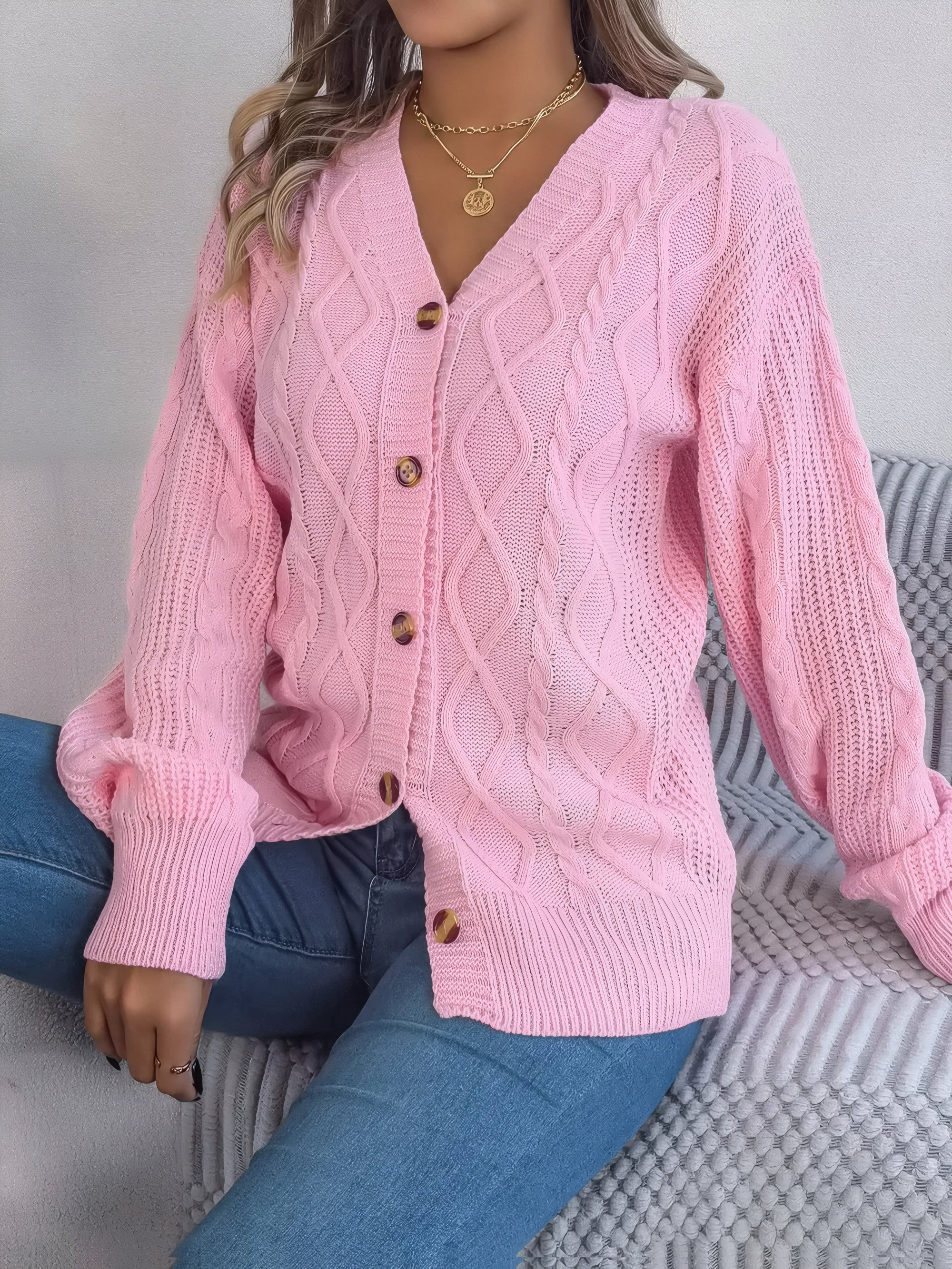cardigan col en V maille torsadée #Color_Blush Pink
