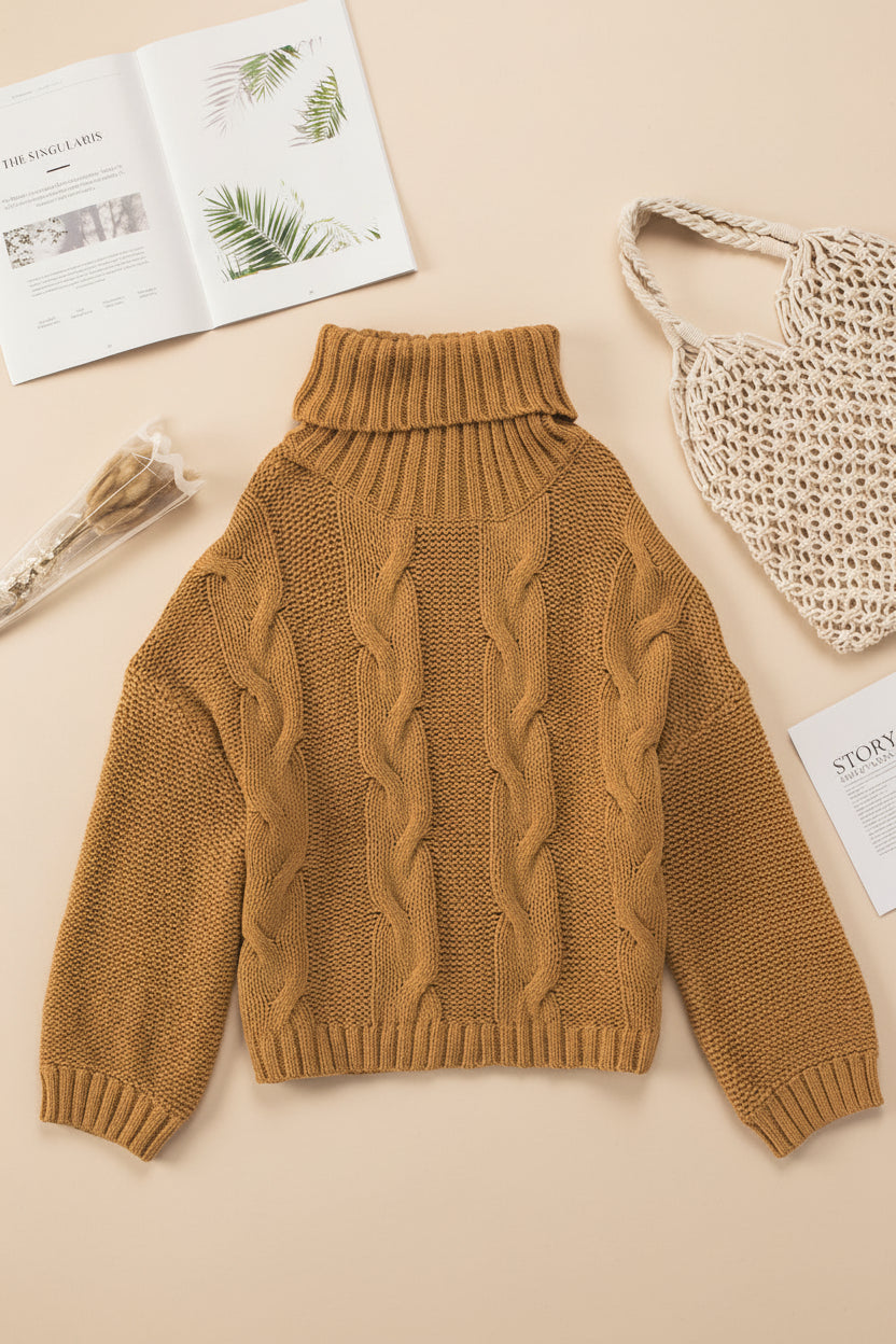 Cable-Knit Handmade Turtleneck Sweater — Detail View 7