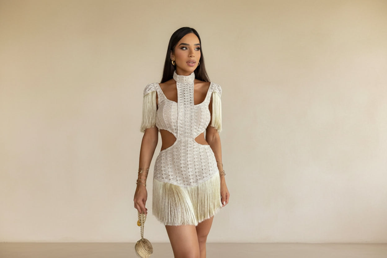 Tassel Sleeve Turtleneck Crochet Maxi Dress — alternate angle