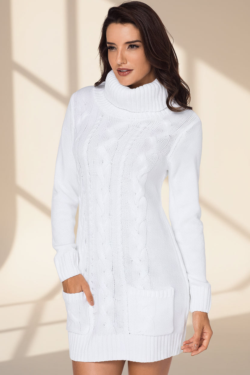 Olive Cowl Neck Cable Knit Sweater Dress — Styling Detail