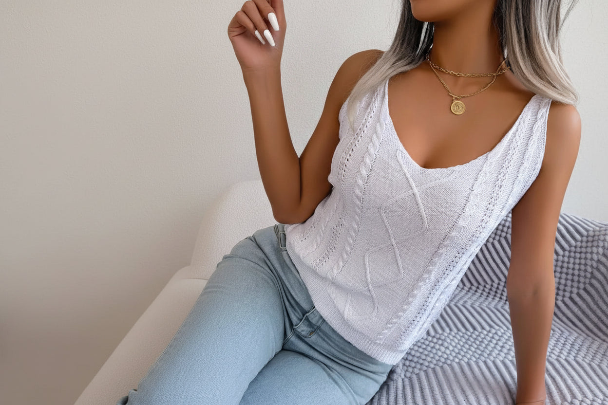 Cable-Knit Scoop Neck Vest — Detail View 3