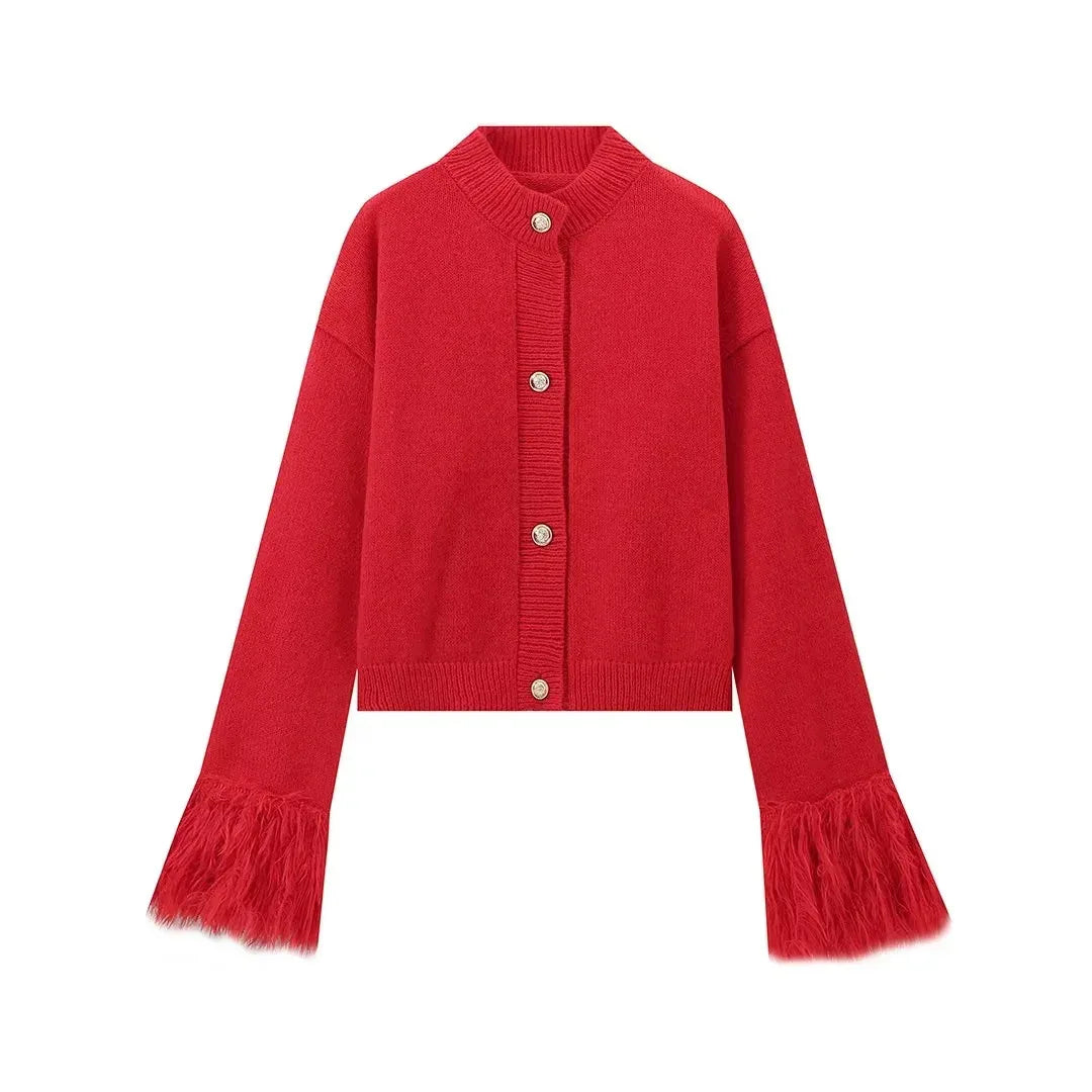 feather-trim knit cardigan