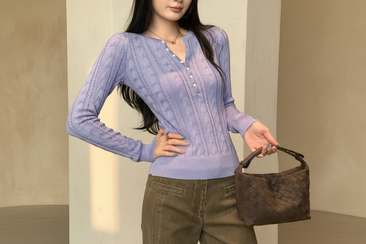 Half-Open Neck Cable Knit Sweater — View 7