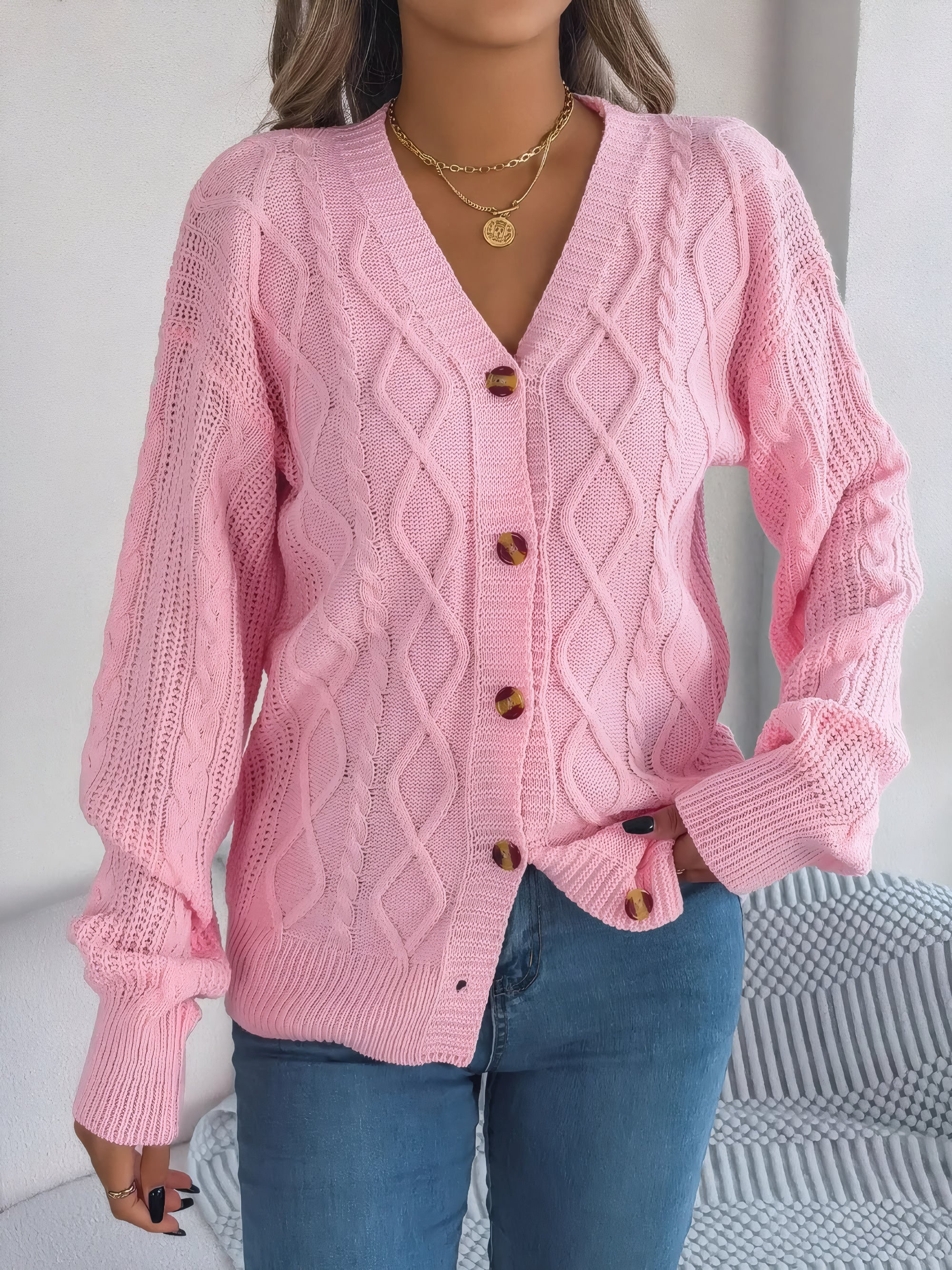 cardigan col en V maille torsadée #Color_Blush Pink
