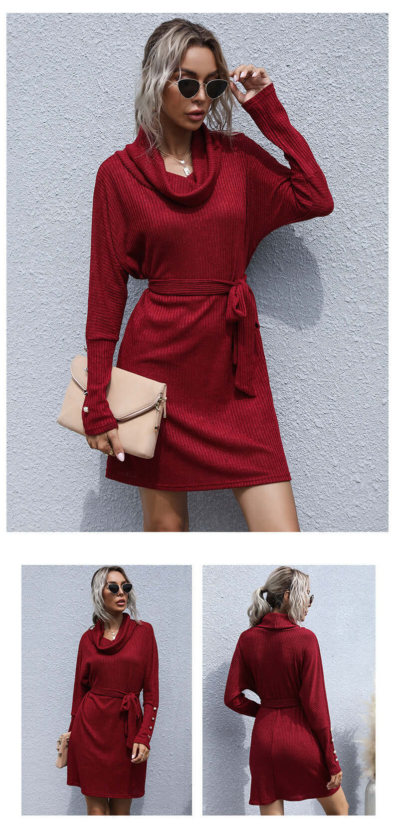 Madeleine Turtleneck Knit Midi Dress#Color_Burgundy