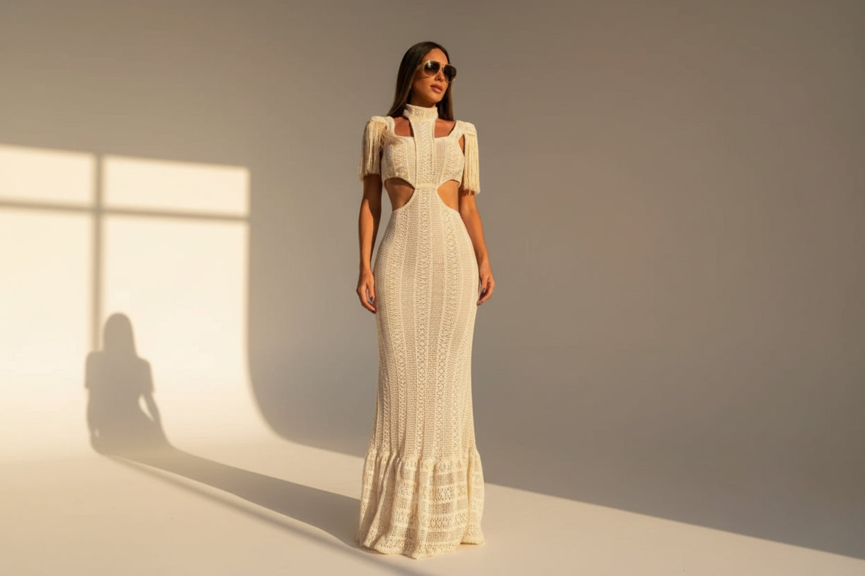 Tassel Sleeve Turtleneck Crochet Maxi Dress — alternate angle