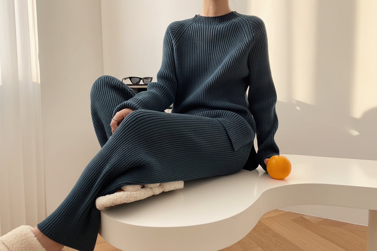 Slit Knit Sweater & Wide Leg Pants Set — Detail View 12