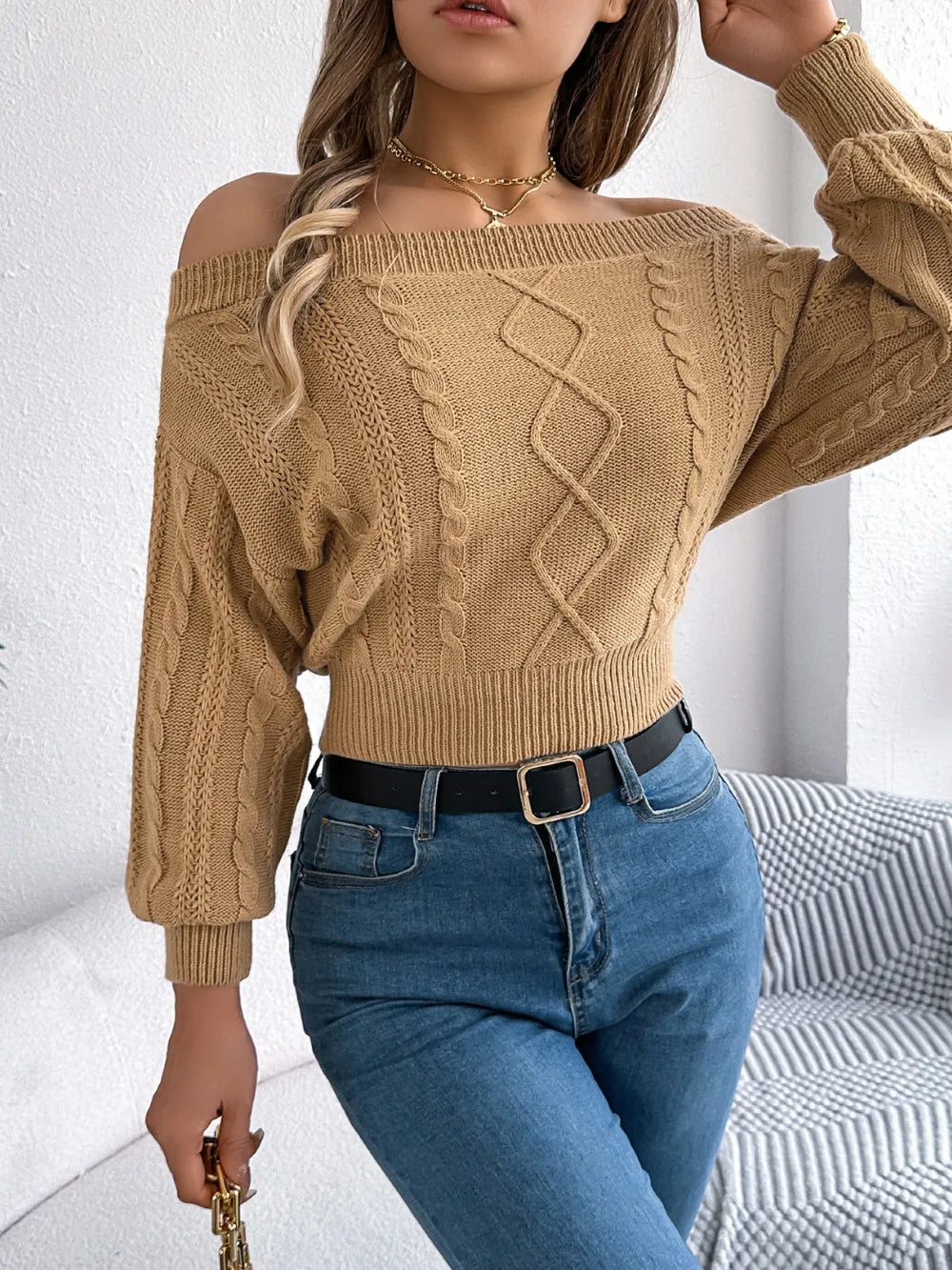 Colette Maglione Spalla Scoperta Punto Treccia#Color_Camel