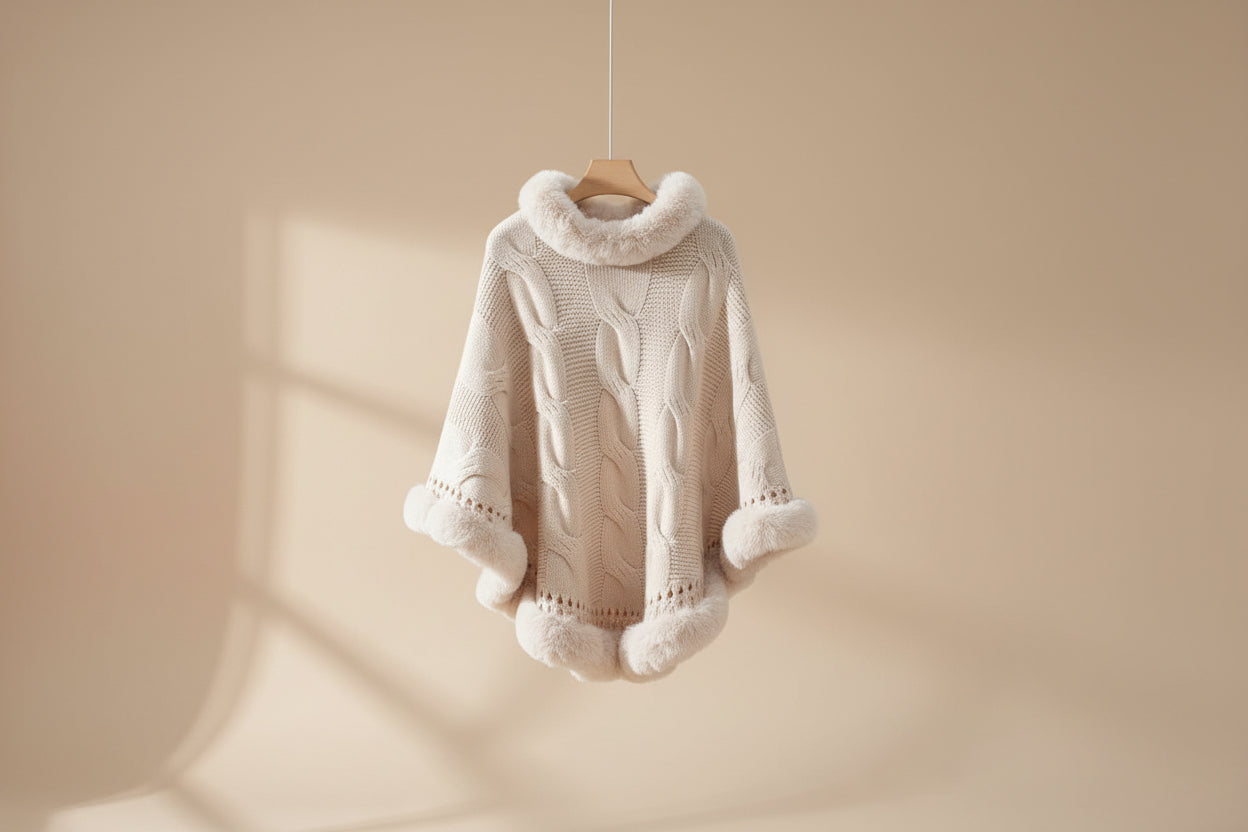 Fuzzy Hem Cable-Knit Poncho — Detail View 11