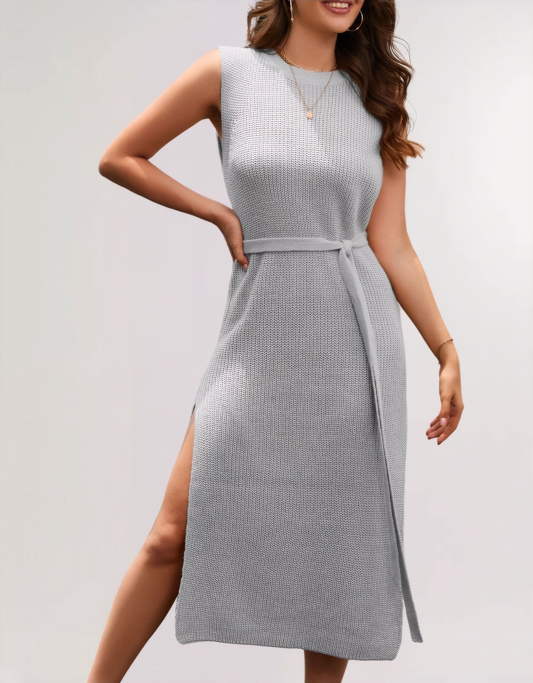 sleeveless knit slit maxi dress #Color_Gray