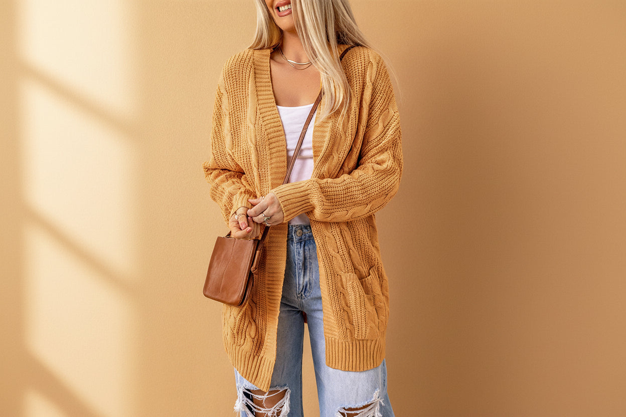 Gray Textured Knit Long Cardigan — Detail View 15