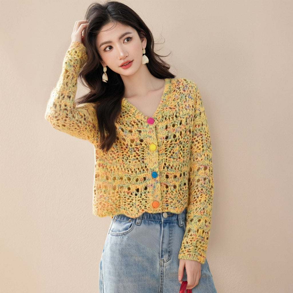 ELNOVÉ Yellow Hollow Knit Cardigan