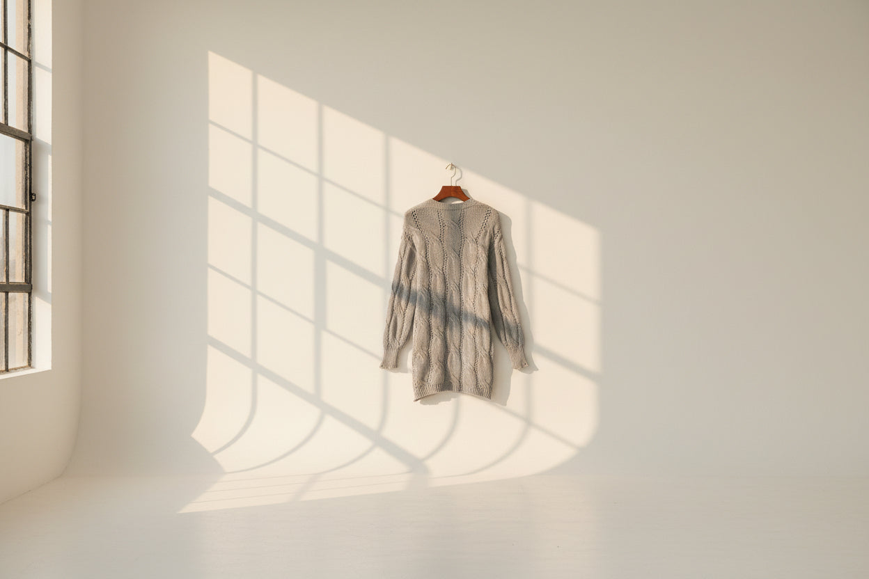 Ribbed Trim Eyelet Cable Knit Cardigan — Side View