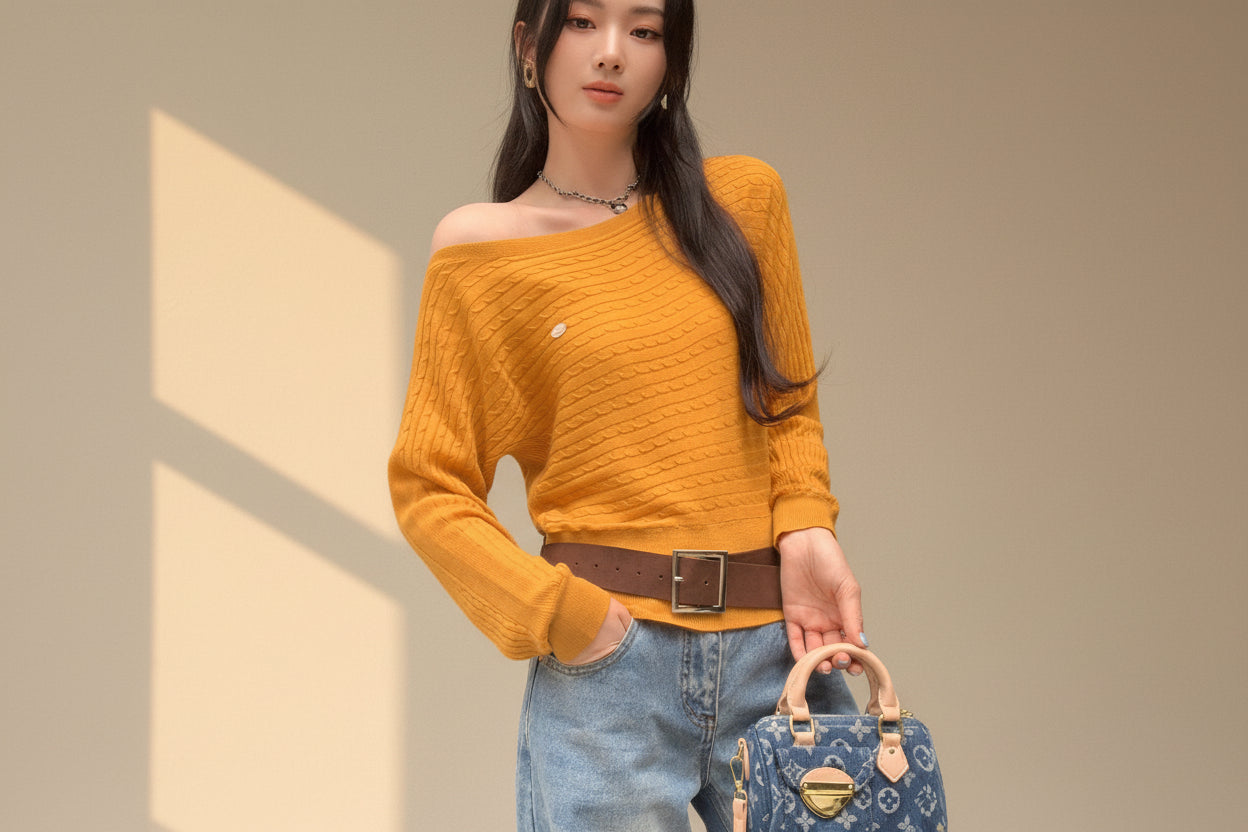 Off-Shoulder Chunky Cable Knit Sweater — View 6