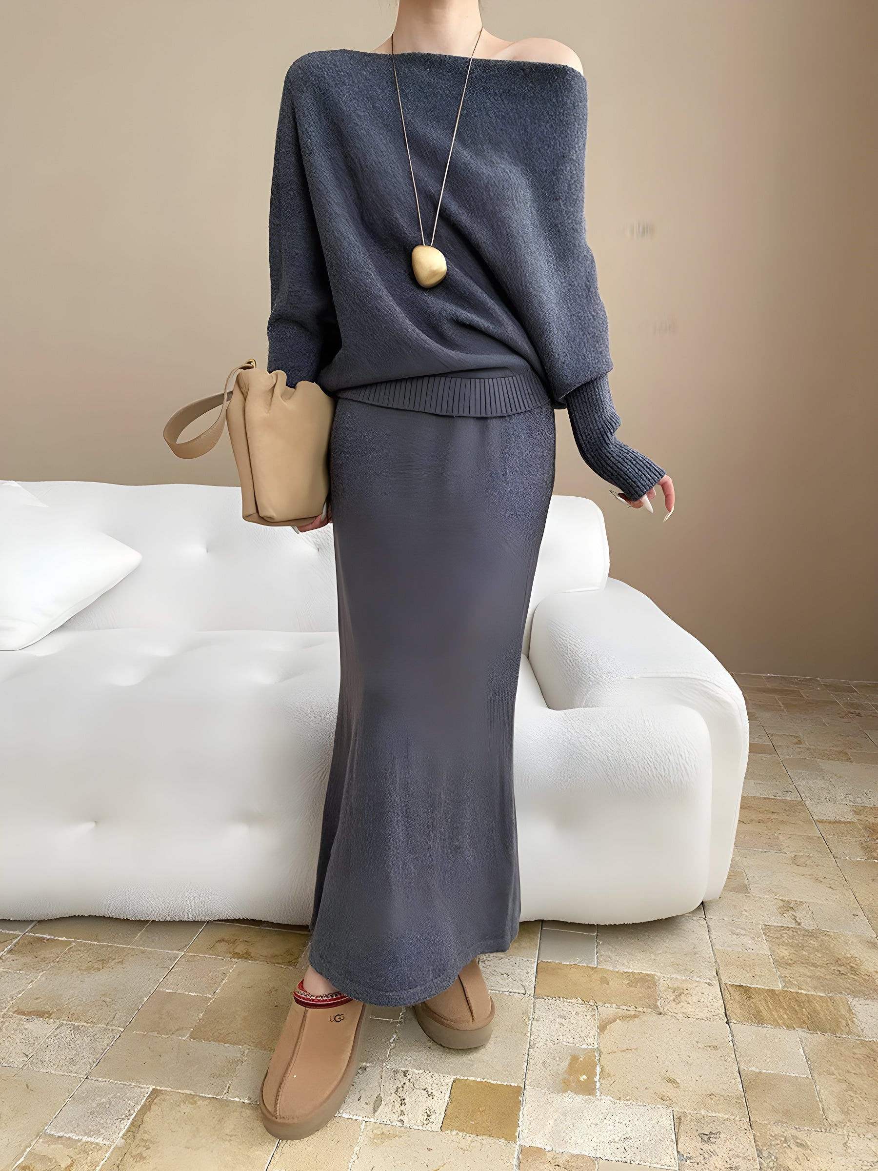 batwing off-shoulder knit two-piece set#Color_Gray