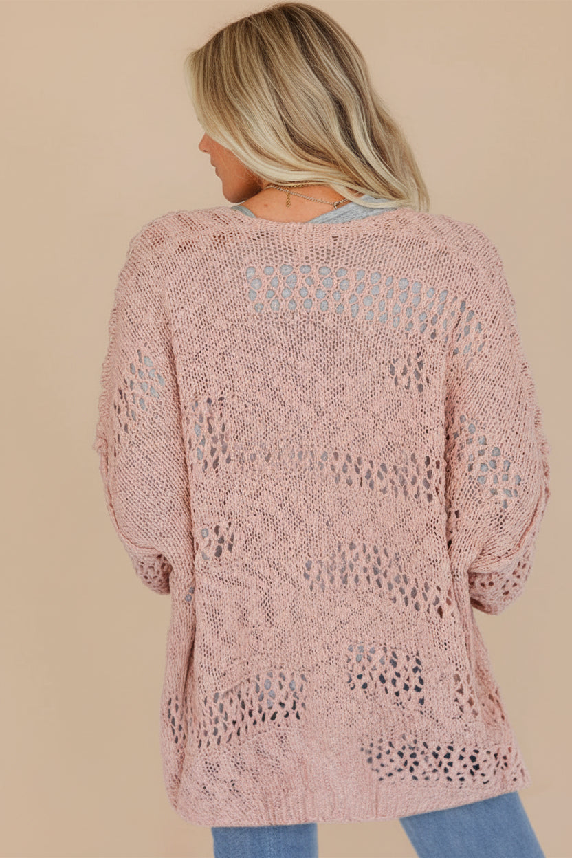 Pink Openwork Dolman Sleeve Knit Cardigan — Back View