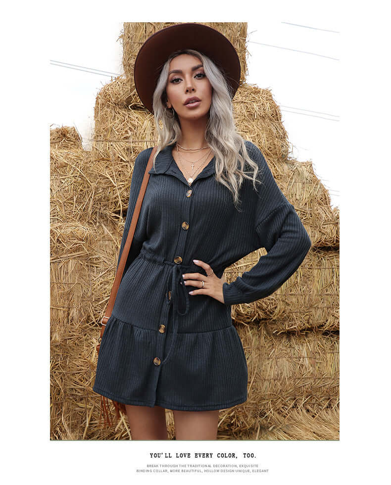 Odette Button-Front A-Line Knit Dress#Color_Blue