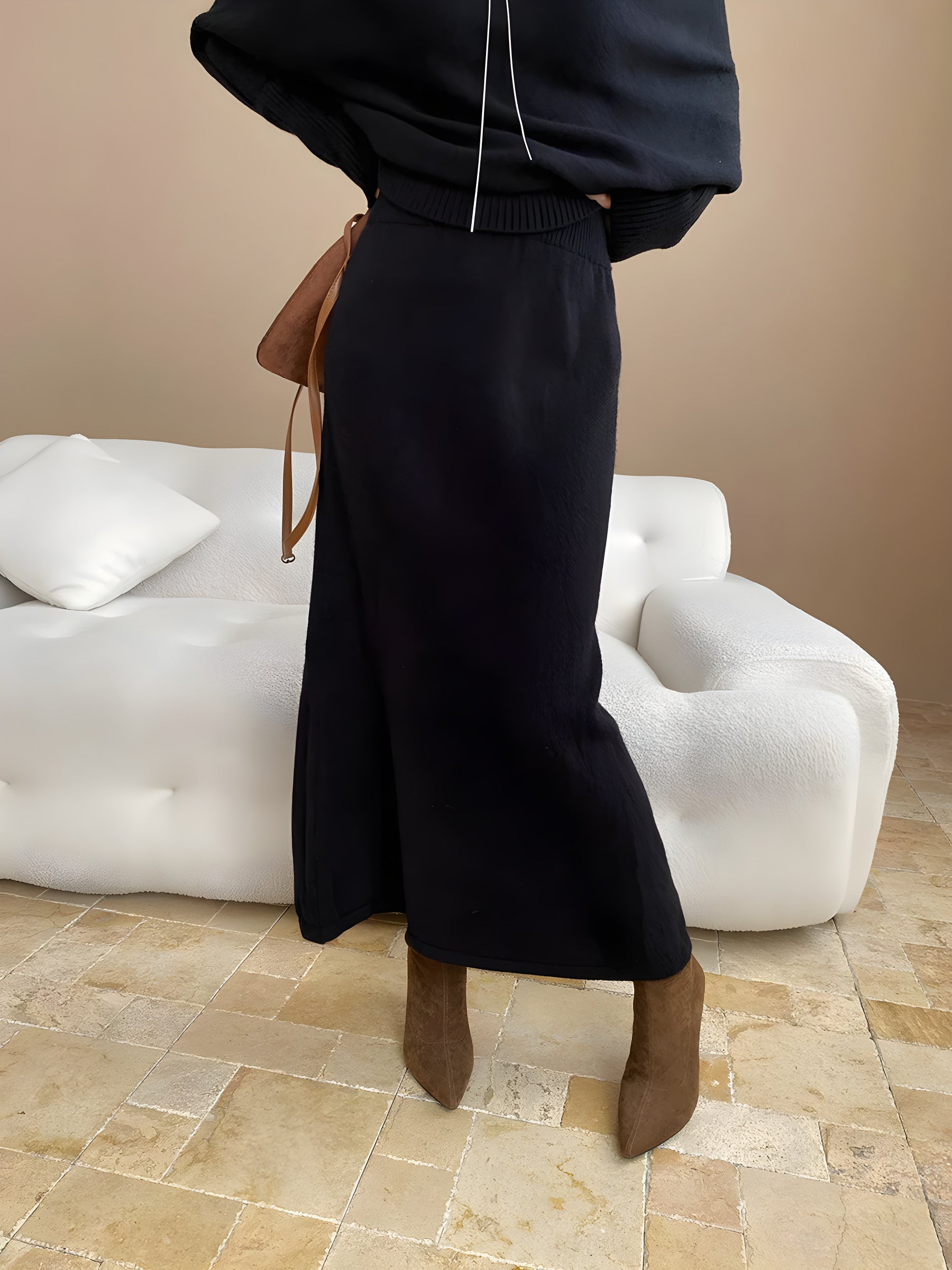 batwing off-shoulder knit two-piece set#Color_Black
