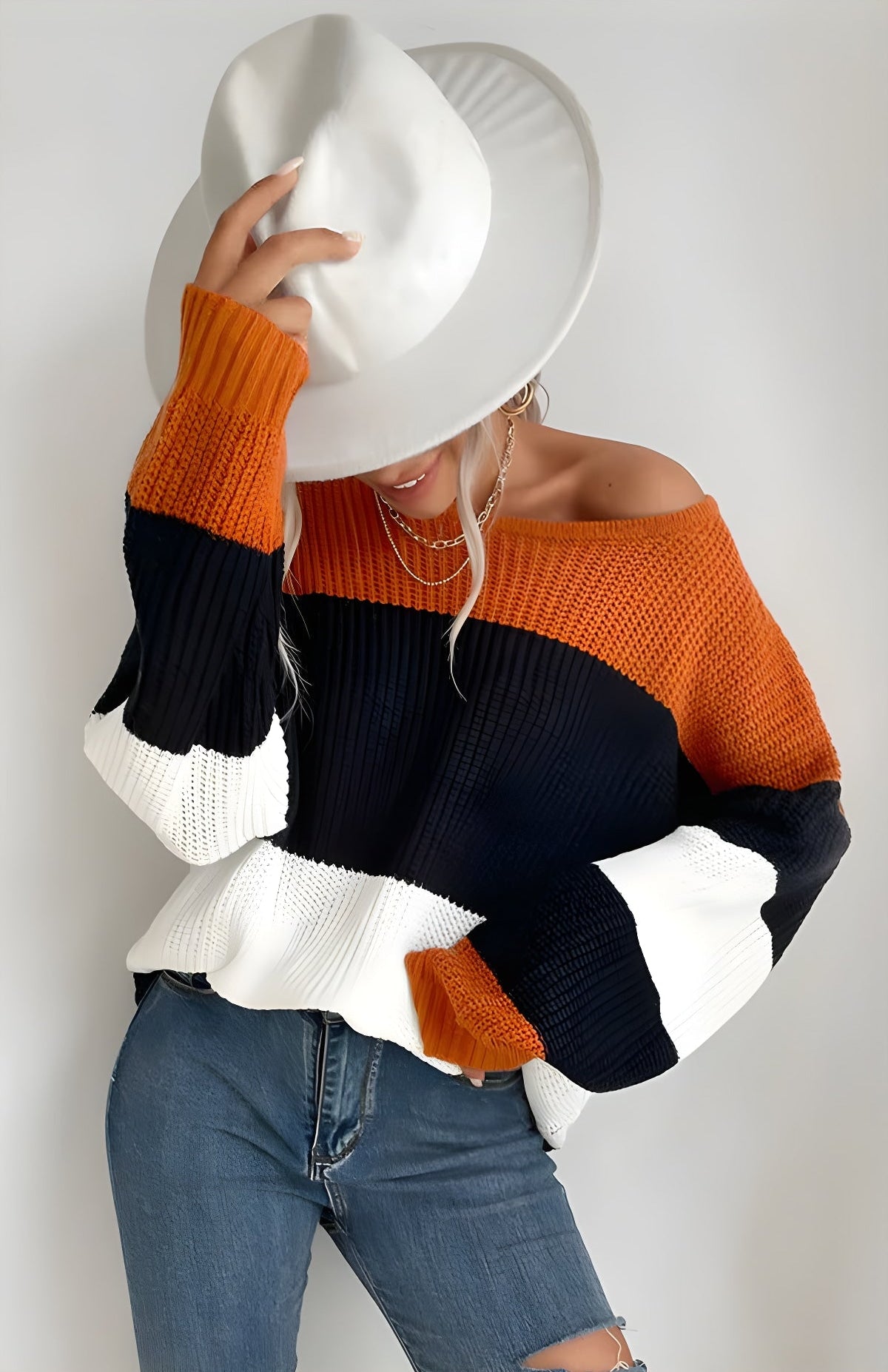 color-block crewneck knit sweater