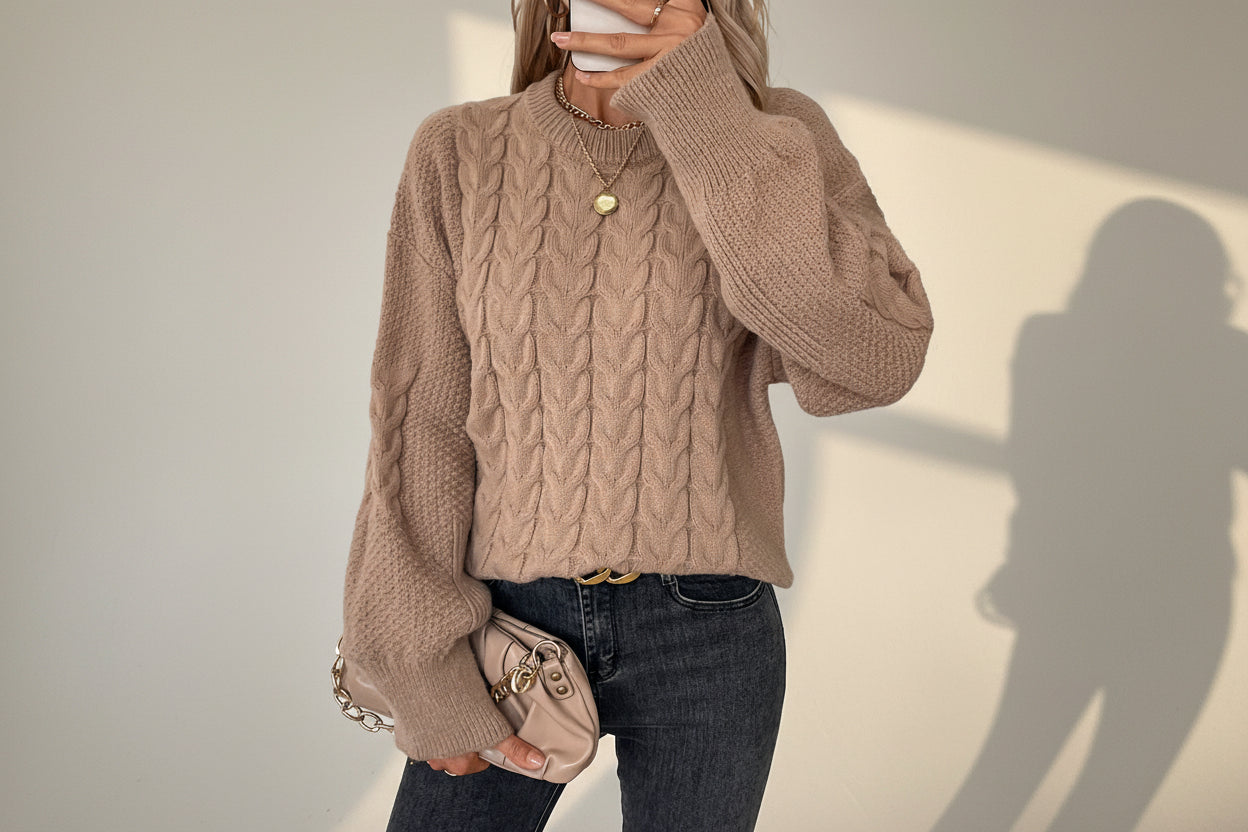 Oversized Cable Knit Crew Neck Sweater — Detail View 6