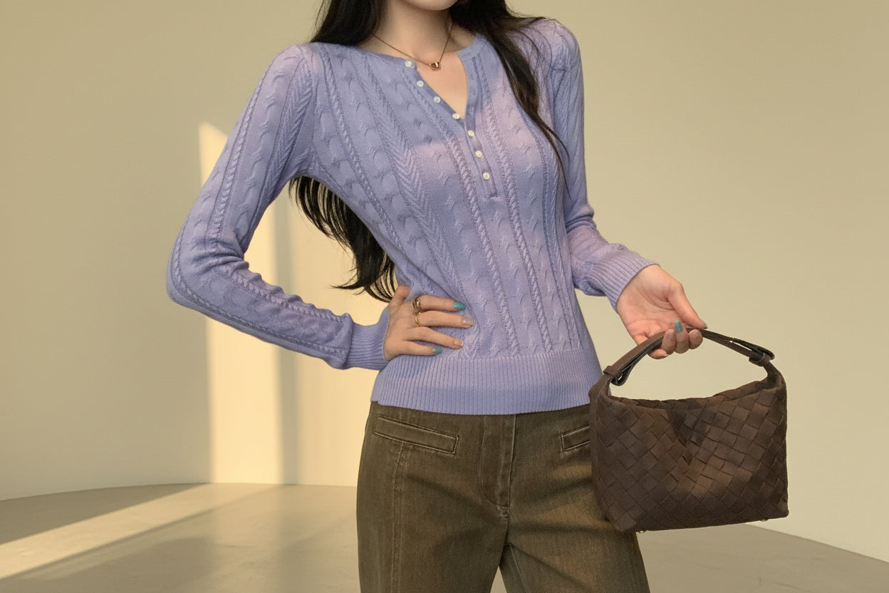 ELNOVÉ Half-Open Neck Cable Knit Sweater