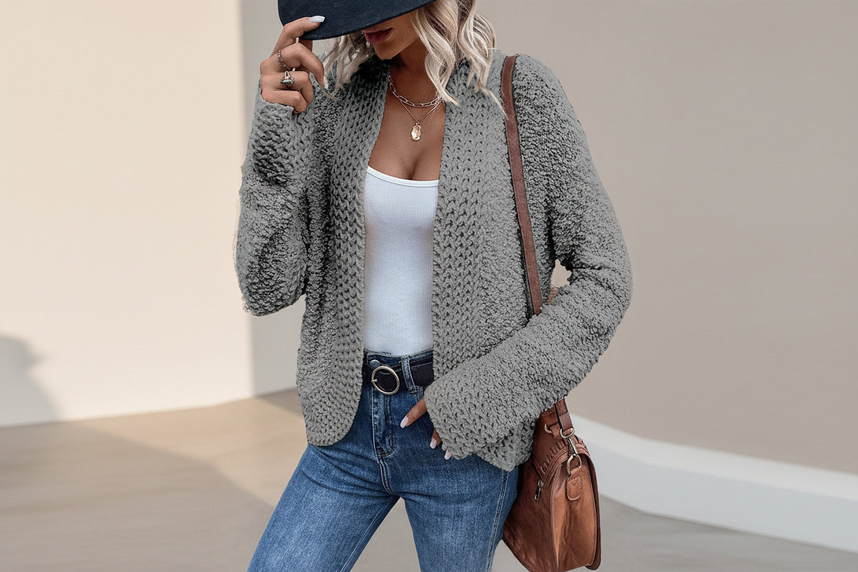 Red Popcorn Knit Open Front Cardigan — Styling Detail