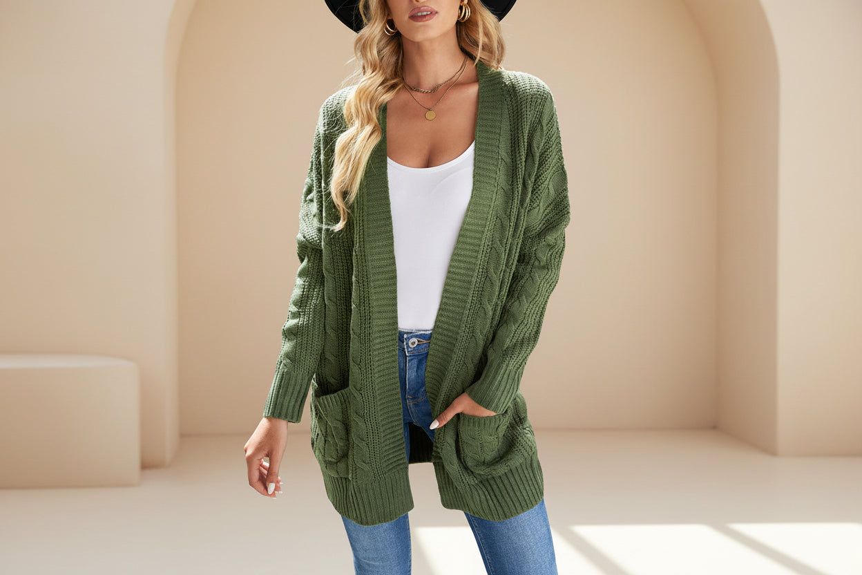 Gray Textured Knit Long Cardigan — Back View