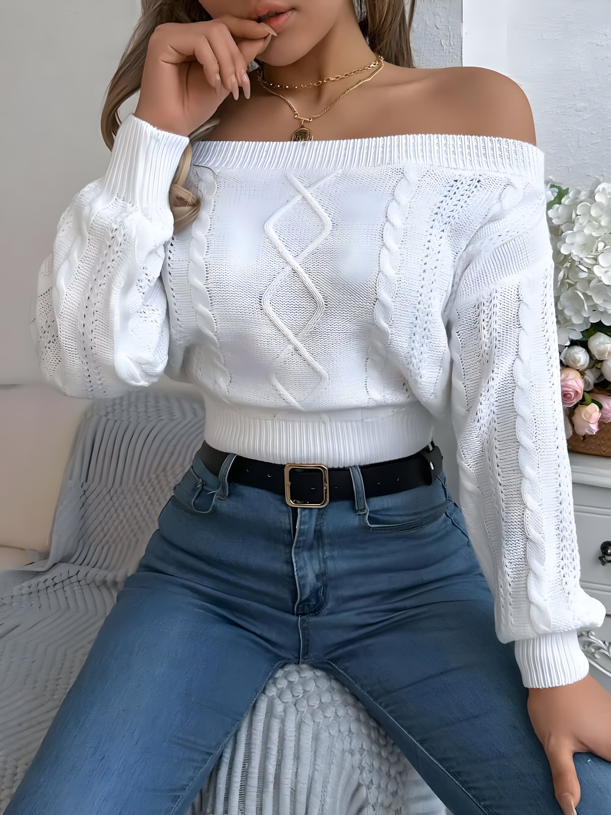 Colette Off-Shoulder Cable-Knit Sweater#Color_White