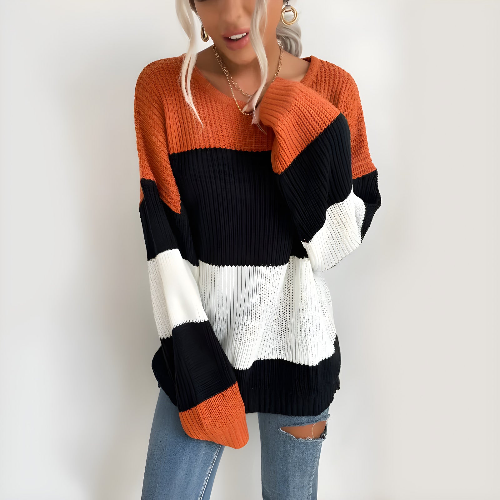 Pull en maille col rond, blocs de couleur