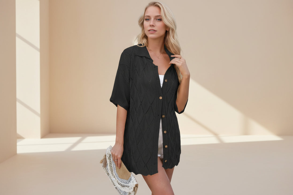 Eyelet Collared Knit Button-Down Shirt — Detail View 6