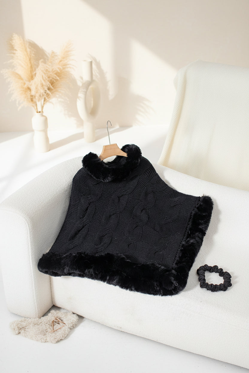 Fuzzy Hem Cable-Knit Poncho — Styling Detail