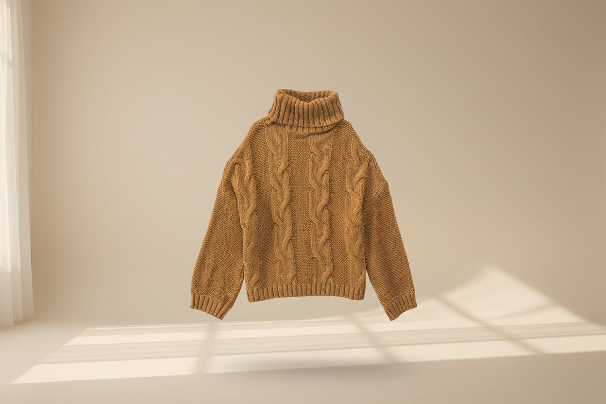 Cable-Knit Handmade Turtleneck Sweater — Detail View 8