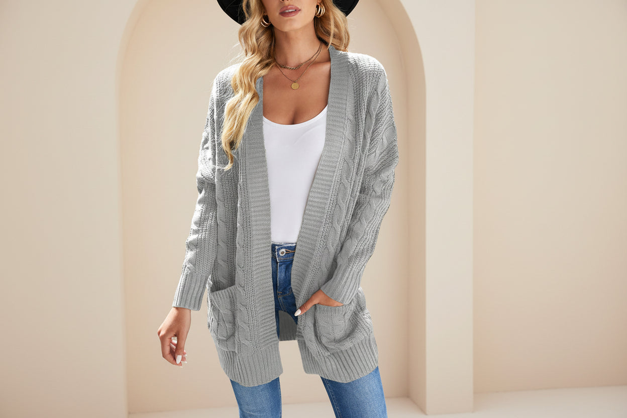 Gray Textured Knit Long Cardigan — Front View