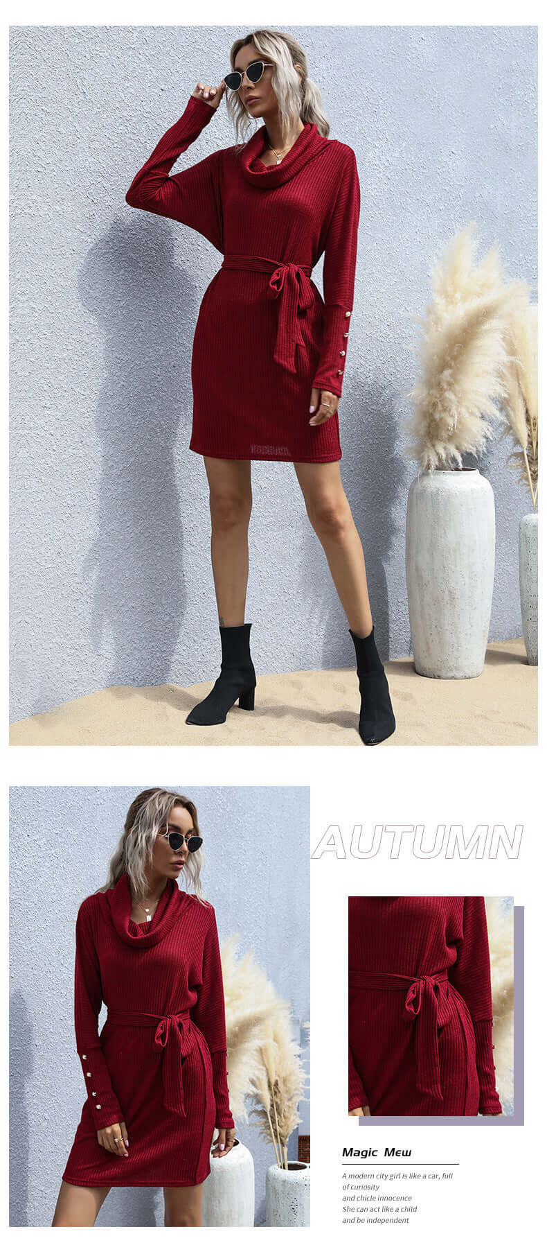 Madeleine Turtleneck Knit Midi Dress#Color_Burgundy