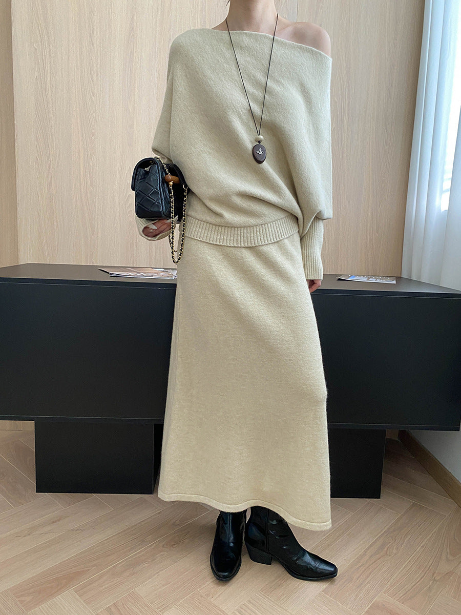 batwing off-shoulder knit two-piece set#Color_Apricot