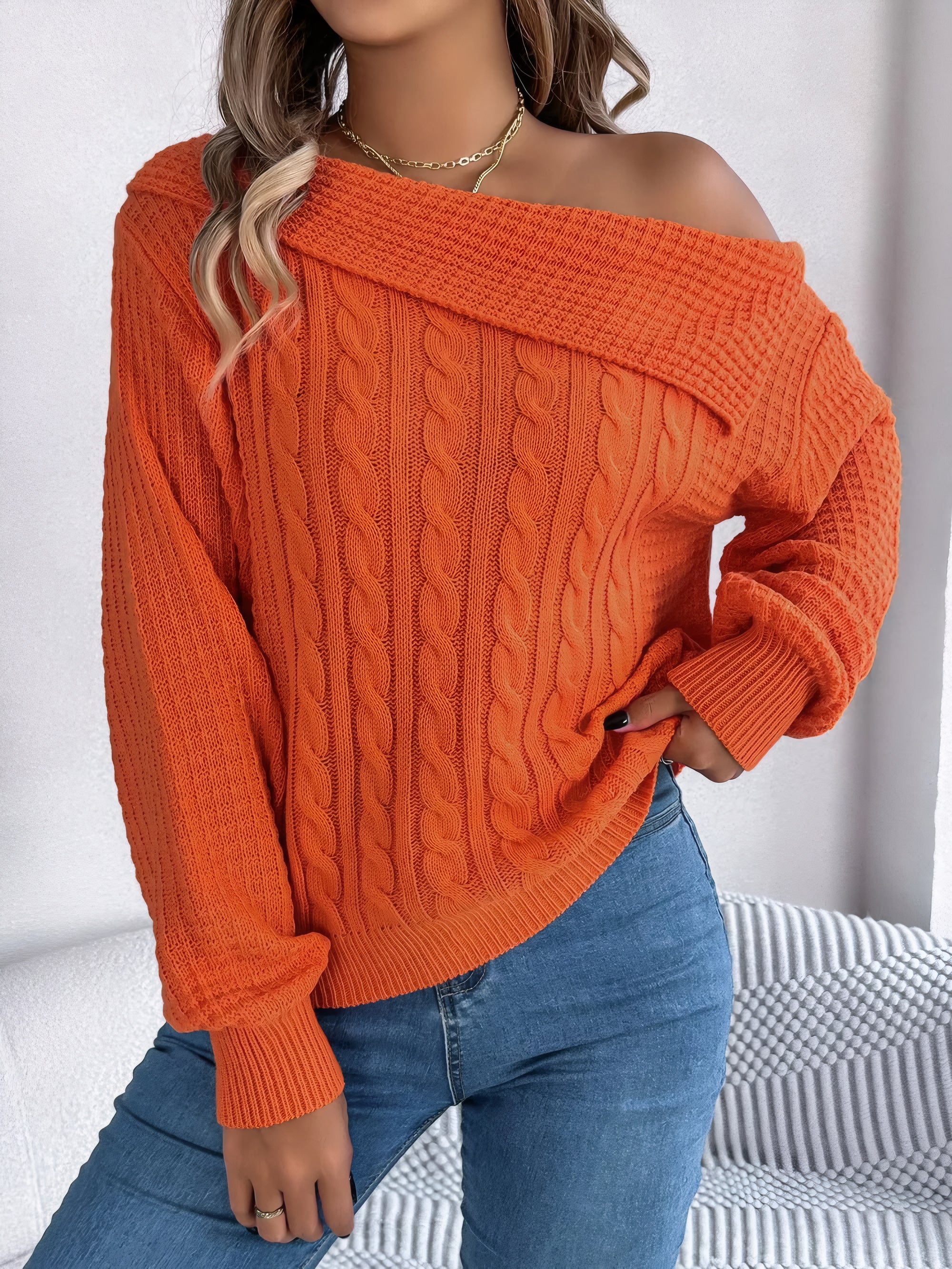 Amélie One-Shoulder Cable-Knit Sweater#Color_Orange